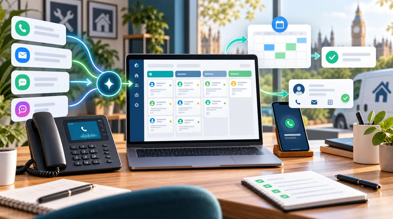 AI receptionist workflow routing UK service business calls chats and emails into a CRM pipeline