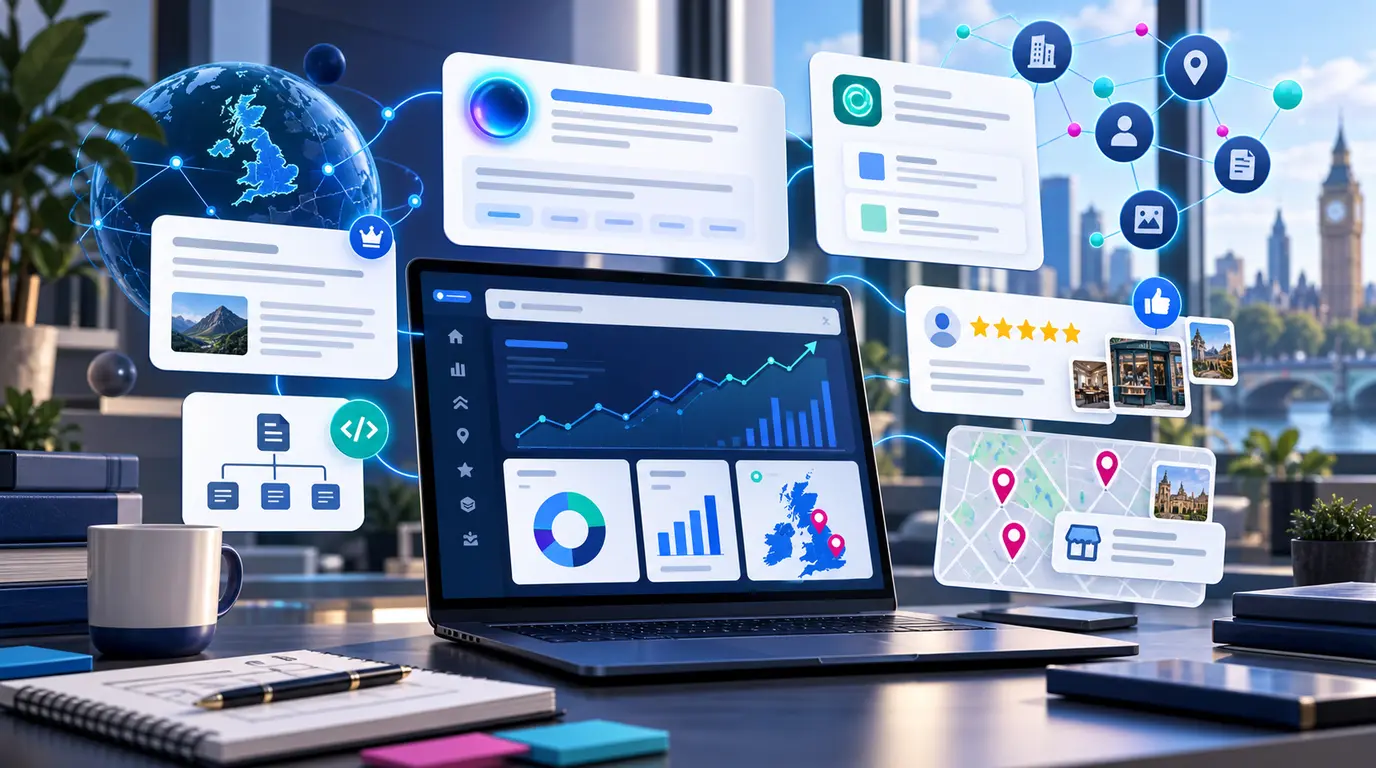 AI search visibility dashboard showing reviews schema author proof and trust signals for UK businesses