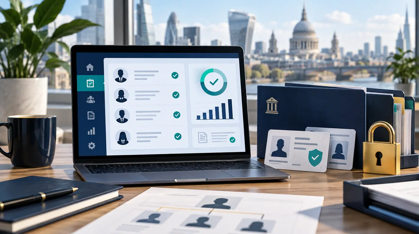 UK company compliance software screen showing director identity verification and filing reminders