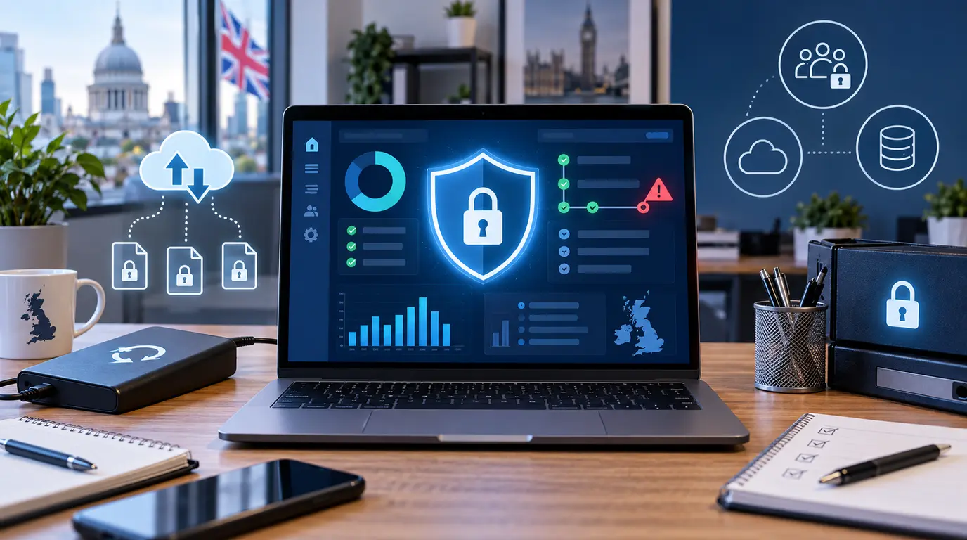 UK SME cyber resilience dashboard showing ransomware backups access control and recovery planning