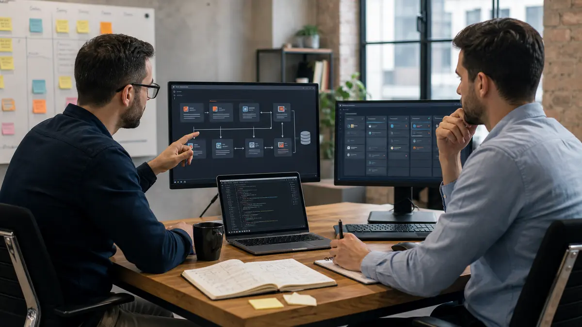 Laravel developer and project manager reviewing application architecture
