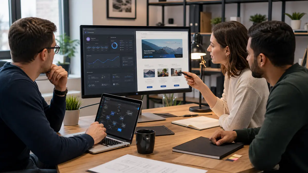 Team reviewing React dashboard and Next.js business website performance Team reviewing React dashboard and Next.js business website performance