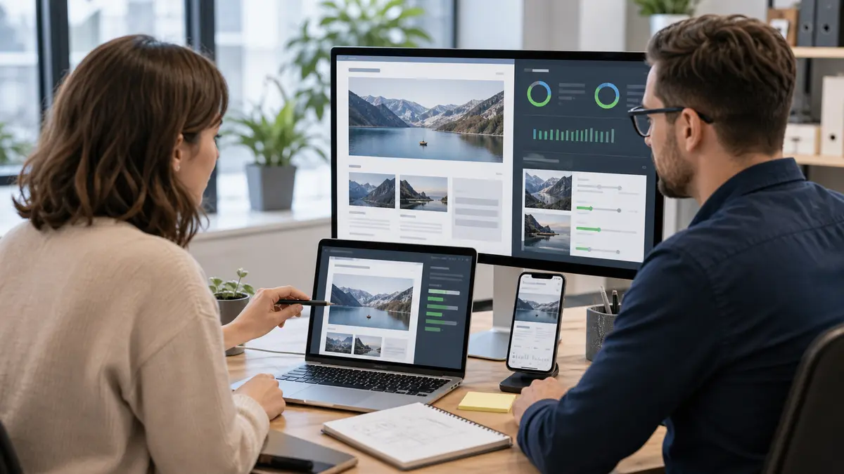 Designer and developer reviewing image optimisation and mobile page speed Designer and developer reviewing image optimisation and mobile page speed